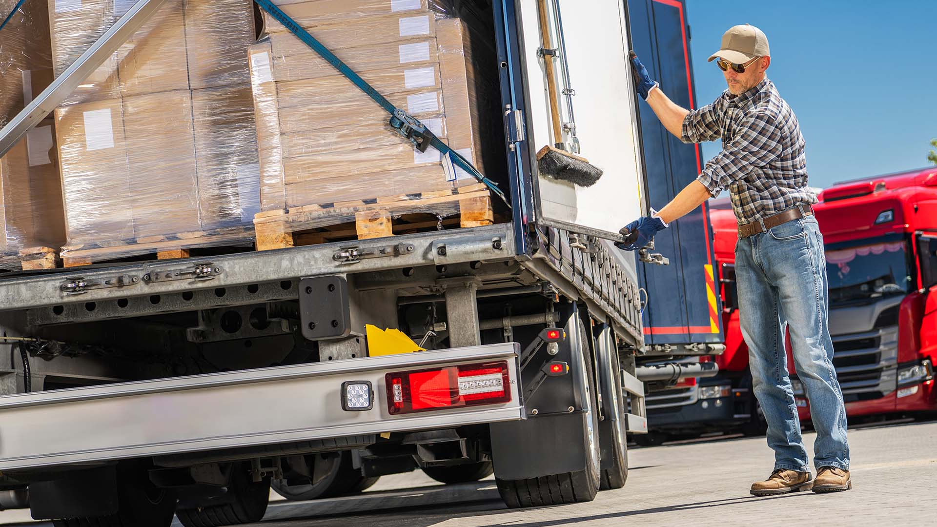 Truck driver loading cargo boxes into a commercial truck for delivery. Truck driver loading cargo boxes into a commercial truck for delivery.