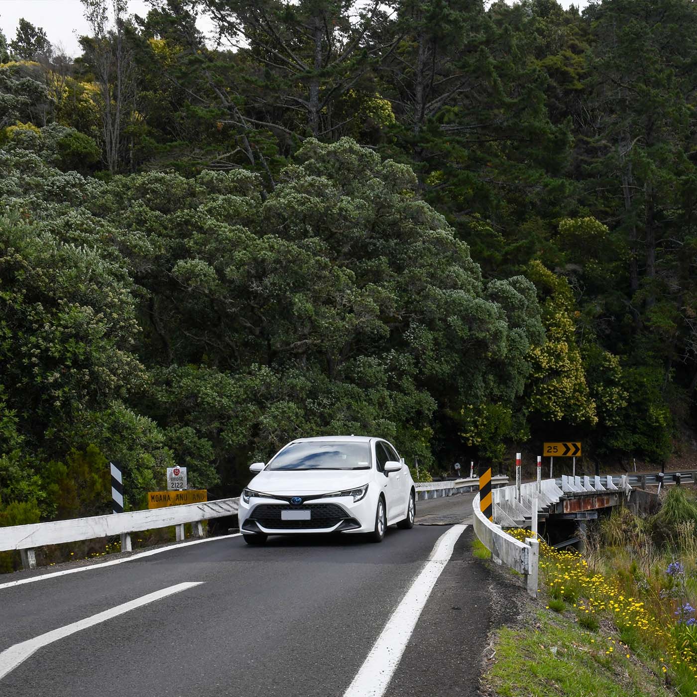 A white electric vehicle crossing a one way bridge near Waihi, New Zealand. A white electric vehicle crossing a one way bridge near Waihi, New Zealand.