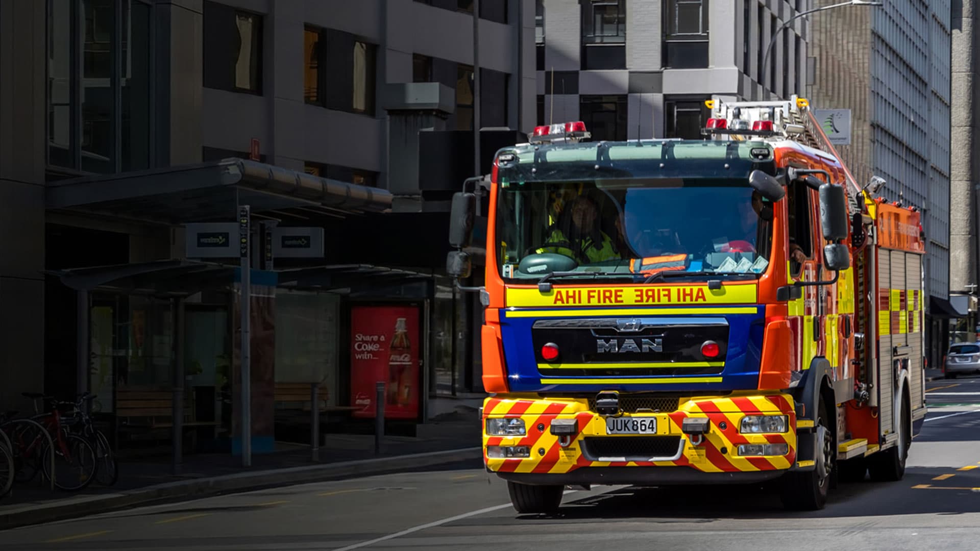 A fire truck on the road in Wellington, New Zealand. A fire truck on the road in Wellington, New Zealand.
