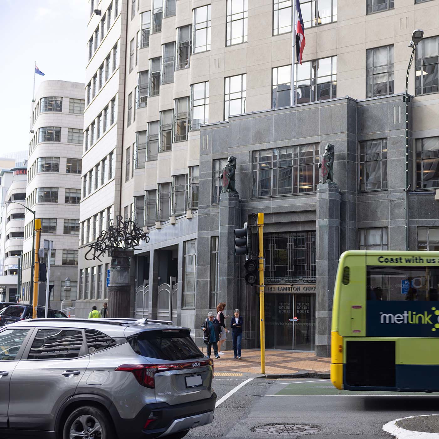 WELLINGTON, New Zealand - April 5 2024: A view of the road and buildings on Lambton Quay. WELLINGTON, New Zealand - April 5 2024: A view of the road and buildings on Lambton Quay.
