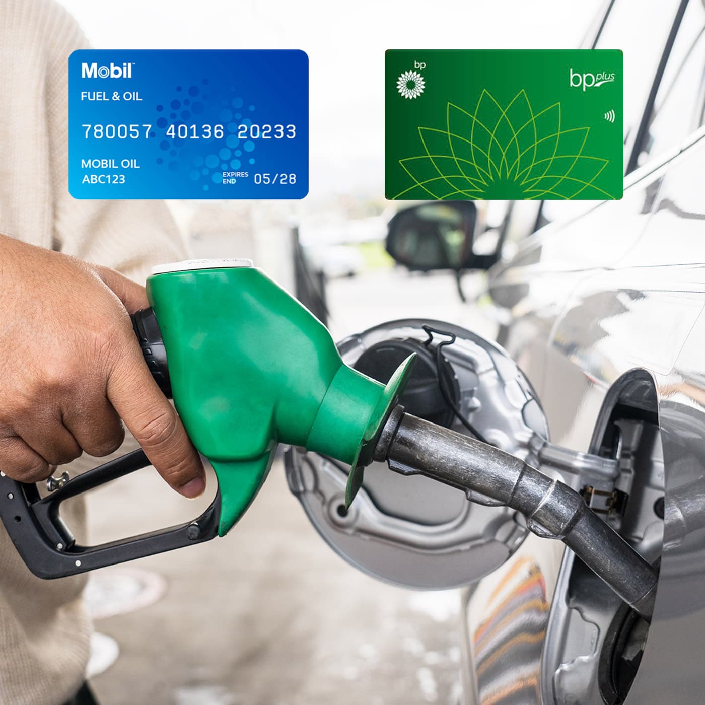 Close up of someone's hand refilling the car with fuel at a petrol station overlaid with images of a Mobile and BP fuel card. Close up of someone's hand refilling the car with fuel at a petrol station overlaid with images of a Mobile and BP fuel card.