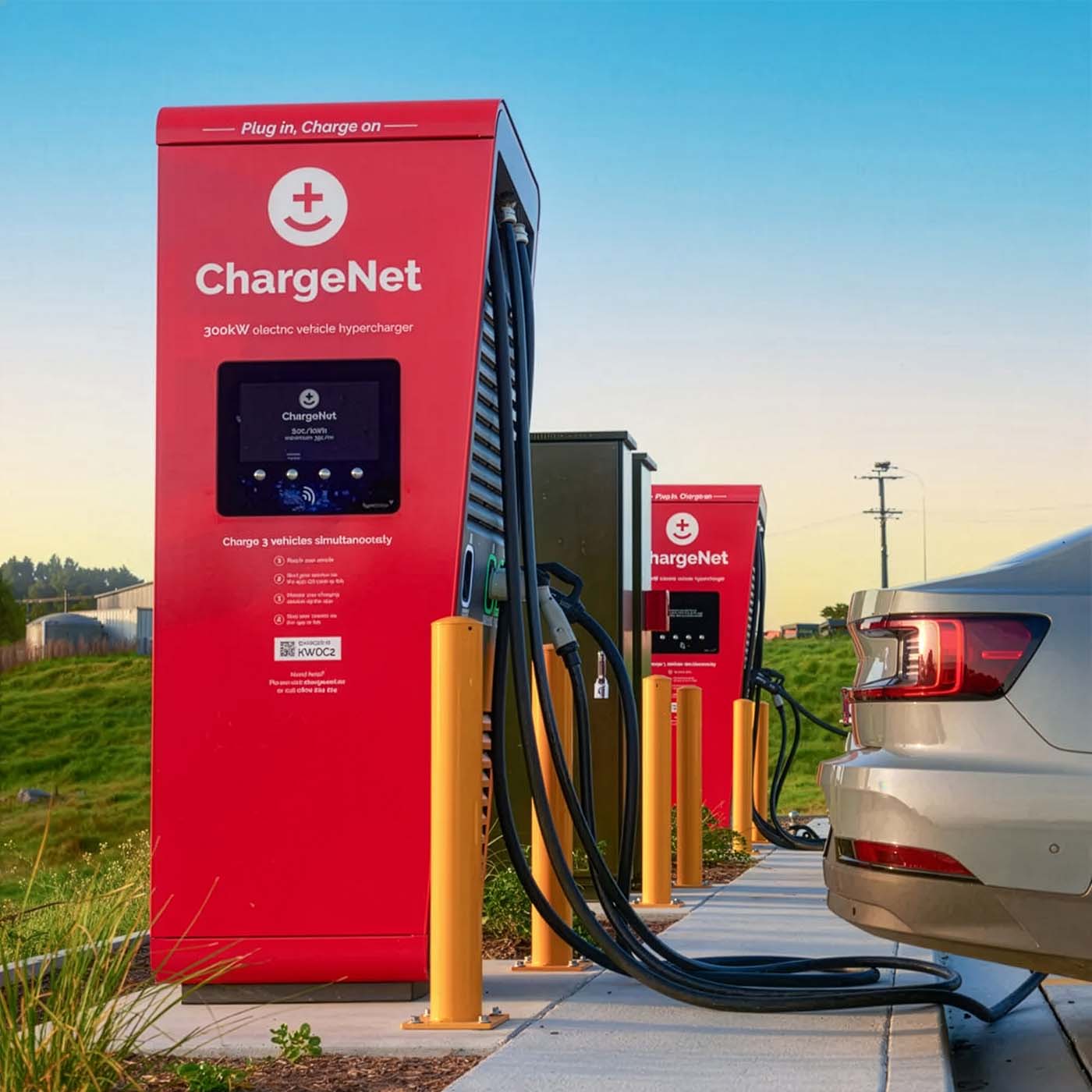 A ChargeNet charging station with an EV passenger vehicle charging. A ChargeNet charging station with an EV passenger vehicle charging.