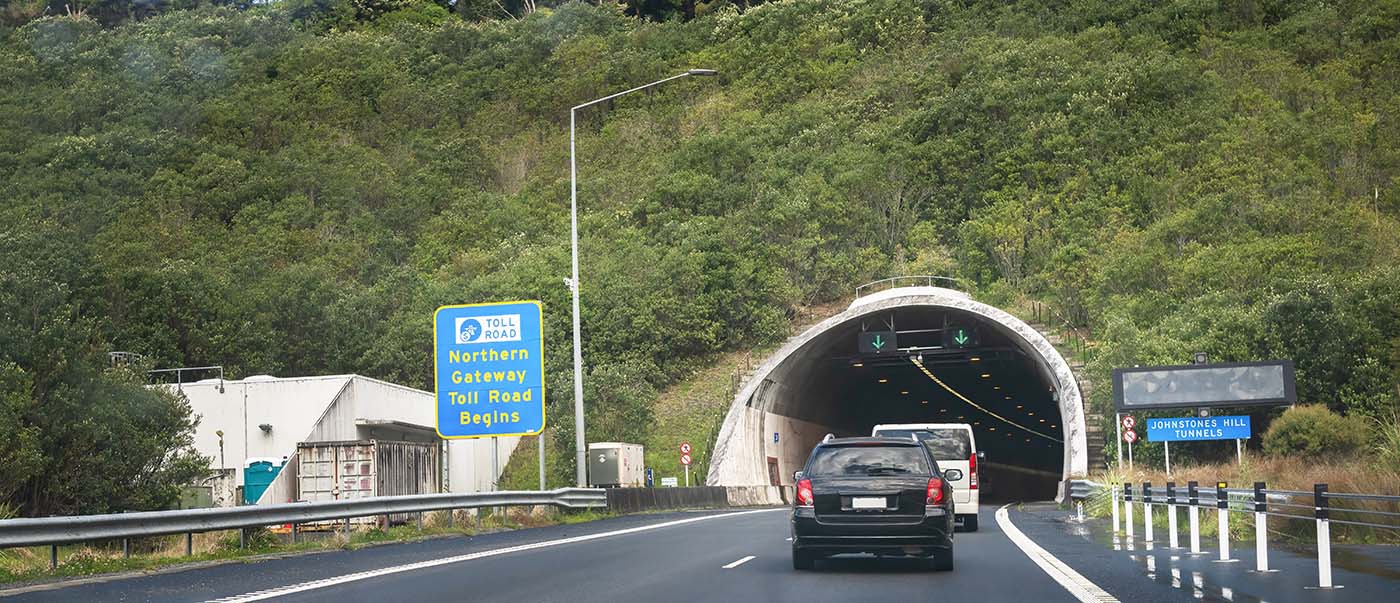 Toll road sign at Johnstones Hill Tunnels, north of Auckland. Toll road sign at Johnstones Hill Tunnels, north of Auckland.