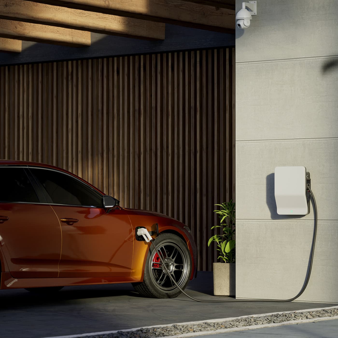 Hybrid electric vehicle EV being charged from a wallbox on a contemporary modern residential building house. Hybrid electric vehicle EV being charged from a wallbox on a contemporary modern residential building house.