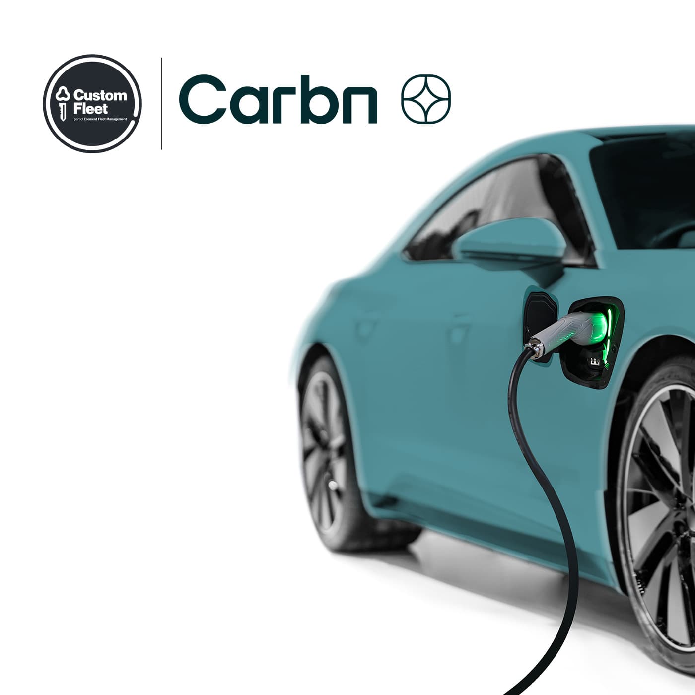 On the right side of the image a green electric vehicle is plugged in and charging. At top left, the Custom Fleet and Carbn logos are displayed. On the right side of the image a green electric vehicle is plugged in and charging. At top left, the Custom Fleet and Carbn logos are displayed.